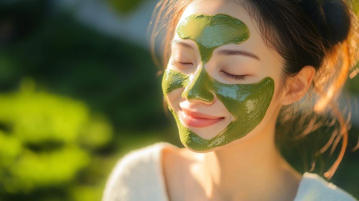 Femme ayant appliqué un masque au thé vert sur son visage